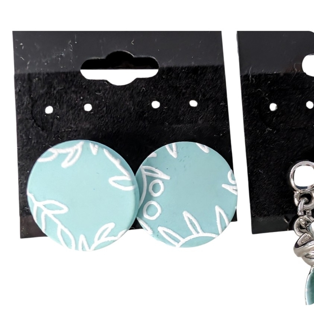 Boutique Earring Bundle | 3 Pairs | Teal Leaves, Mint Floral & Light Blue Hearts - Picture 2 of 4
